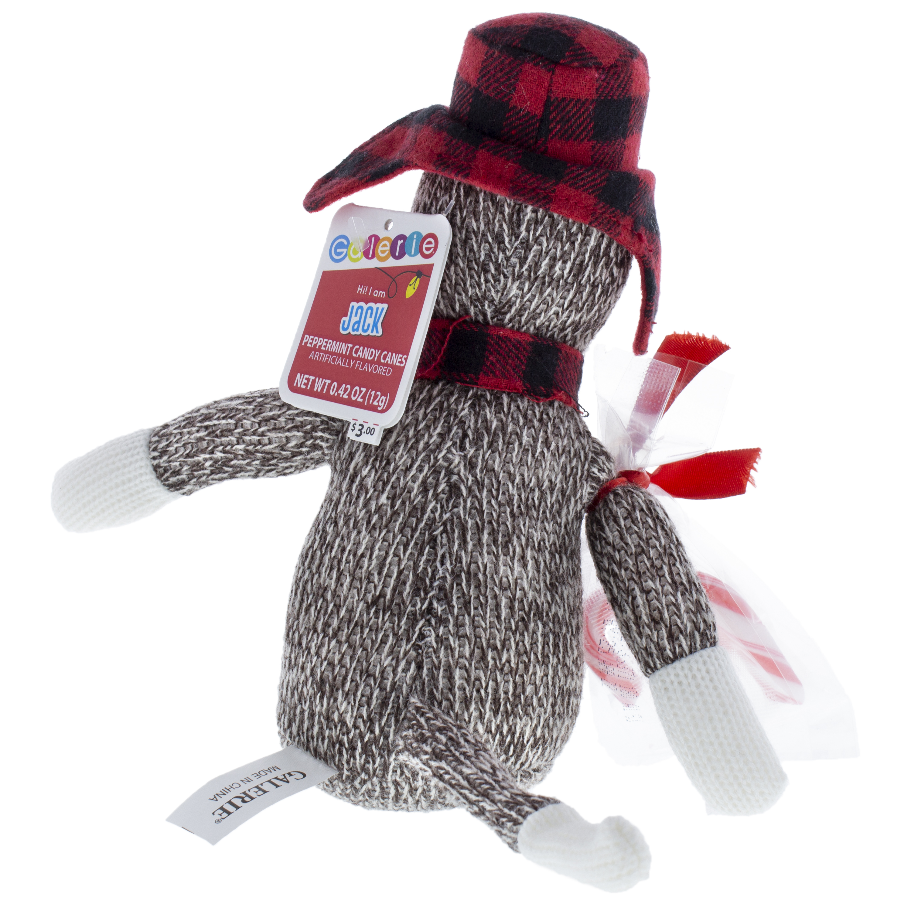 Galerie Brown Sock Monkey with Lumberjack Hat & Scarf, Peppermint Candy Canes
