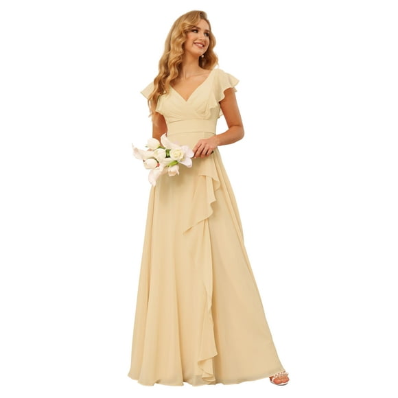 Vestido de dama de honor TIRAS con cuello en V y gasa con volantes, champán, 20 W