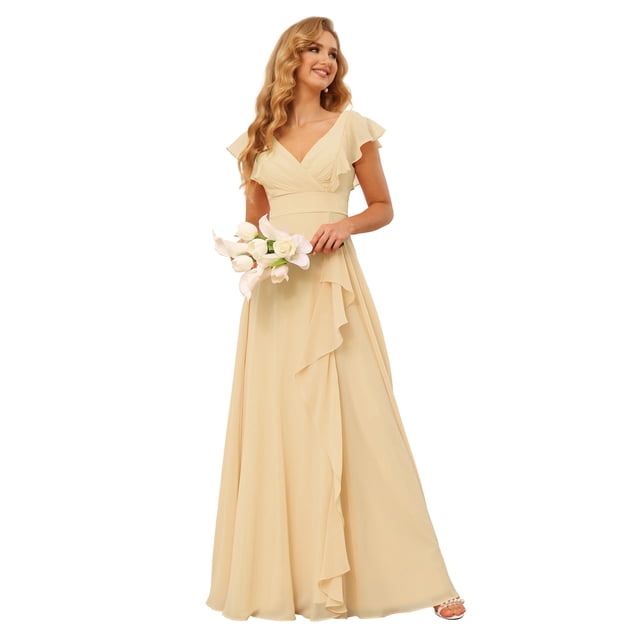 Vestido de dama de honor TIRAS con volantes, chifón, cuello en V, champán, 26 W