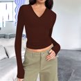 thumbnail image 3 of Trendy Long Sleeve Shirts for Women Fall Fashion V Neck Crop Slim Fitted Y2K Tops Outfits Clothes Dark Brown S, 3 of 5