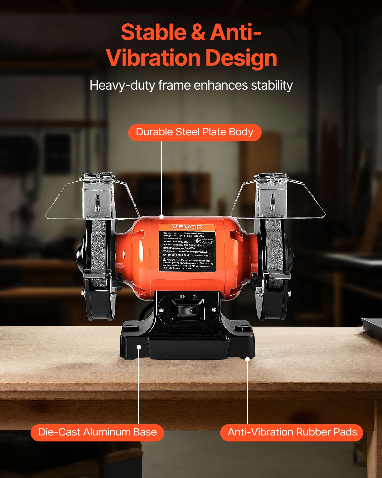 VEVOR Bench Grinder,6-inch Single Speed Bench Grinder,3450RPM High-Speed Table Grinders with 450W 3.8A Induction Motor, 36/60-Grit Grinding Wheel & Adjustable Eye Shield for Fast Sharpening Grinding