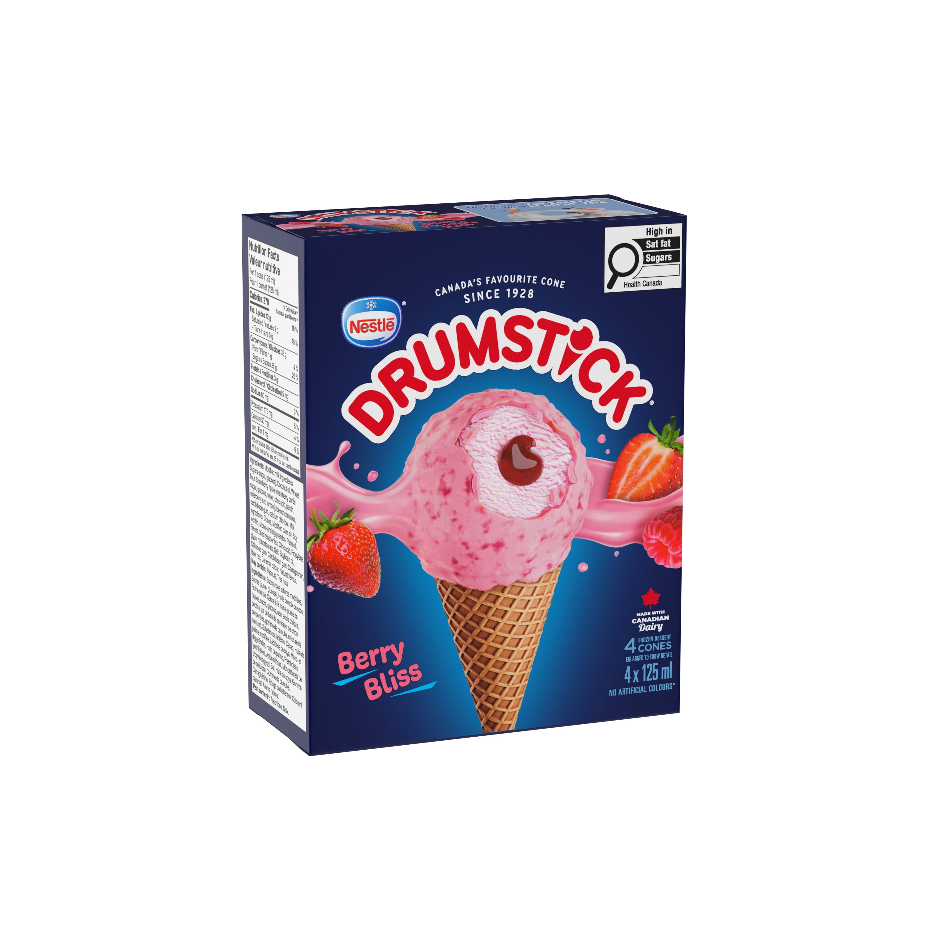 Drumstick Berry Bliss, Crispy Wafer Cone Filled With Strawberry Ripple Frozen Dessert, White Chocolatey Coating With Raspberry Pieces And Chocolatey Nugget, Colours From Natural Sources, 0.5 L
