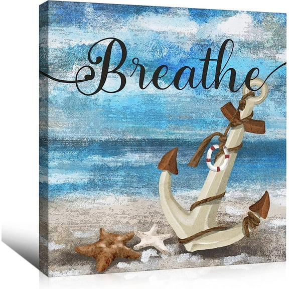 Beach Canvas Wall Art for Home Decor Bathroom Decor Blue Beach Picture Ocean Theme Anchor Canvas Print Modern Coastal Seascape Painting Framed Seaside Artwork Floral Daisy for Home Room 14x14inch