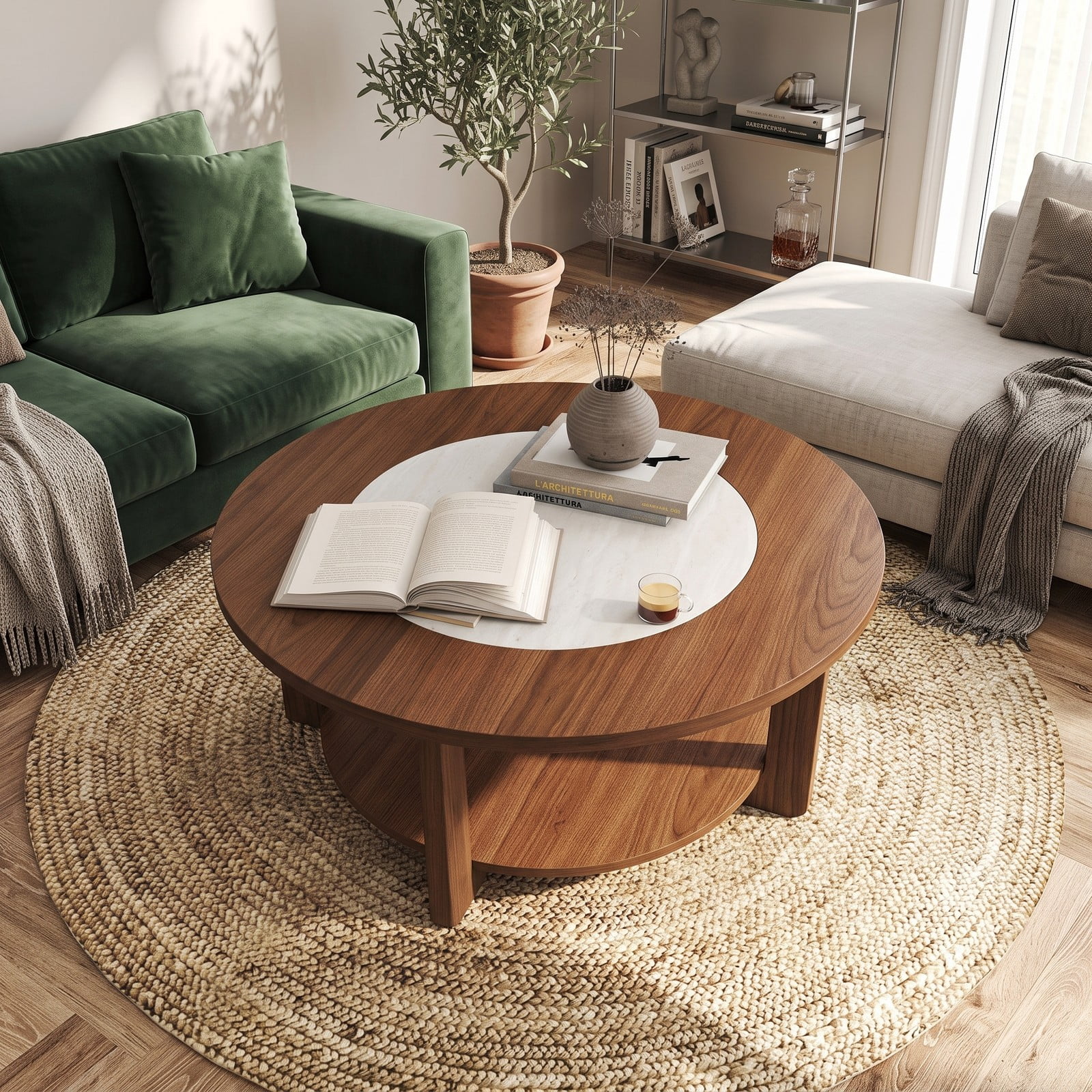 Furnibear Farmhouse Round Coffee Table, 2-Tier Accent Center Table with 2-Tone Tabletop and Open Storage Shelf, Solid Rubber Wood Legs, Round Cocktail Table for, Brown