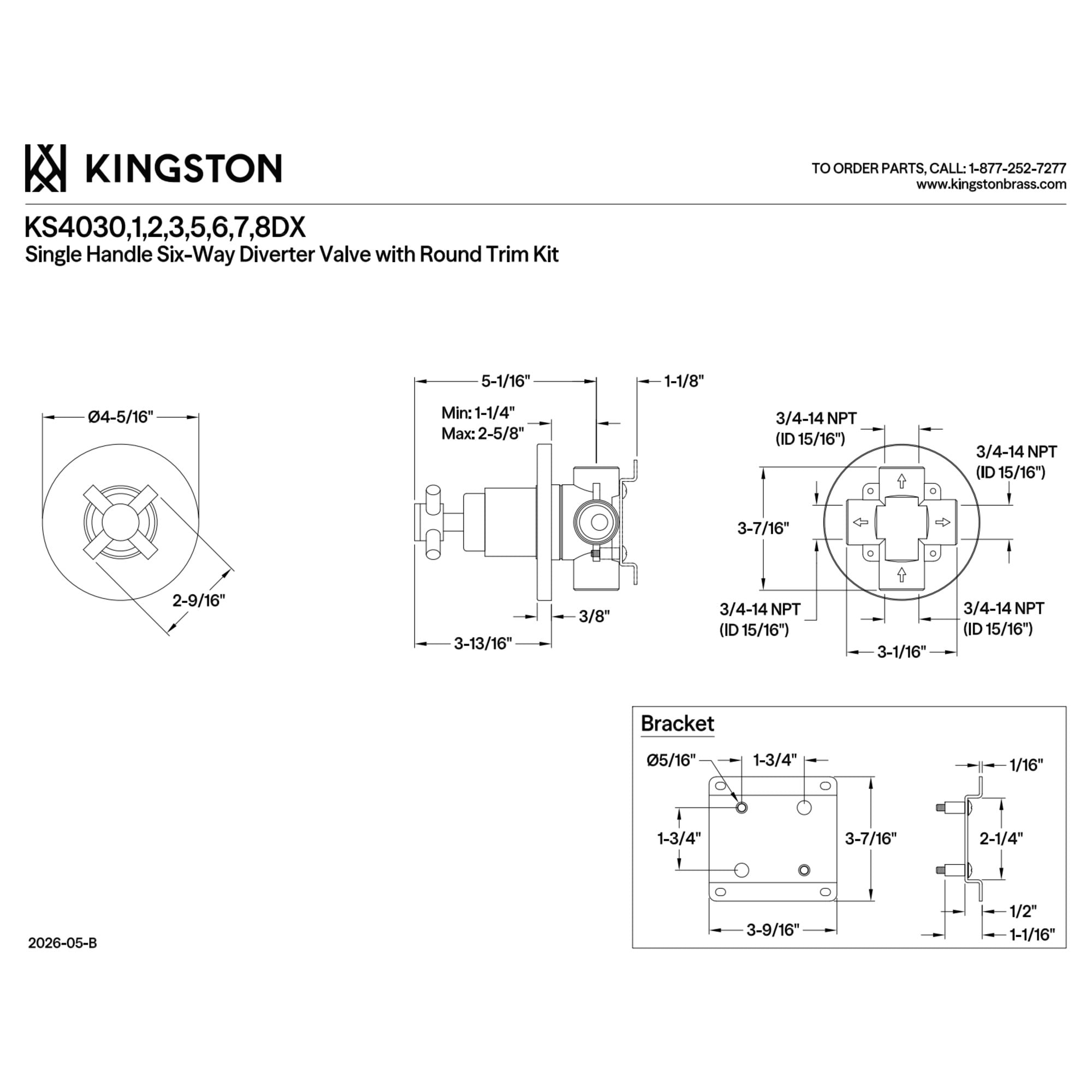 Kingston Brass KS4035DX Concord Single-Handle Six-Way Diverter Valve with Round Trim Kit in Oil Rubbed Bronze