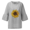 thumbnail image 4 of Moda mujer Casual manga tres cuartos cuello redondo algodón Lino impreso sólido Tops blusa Pompotops hfajkhk136618, 4 of 5