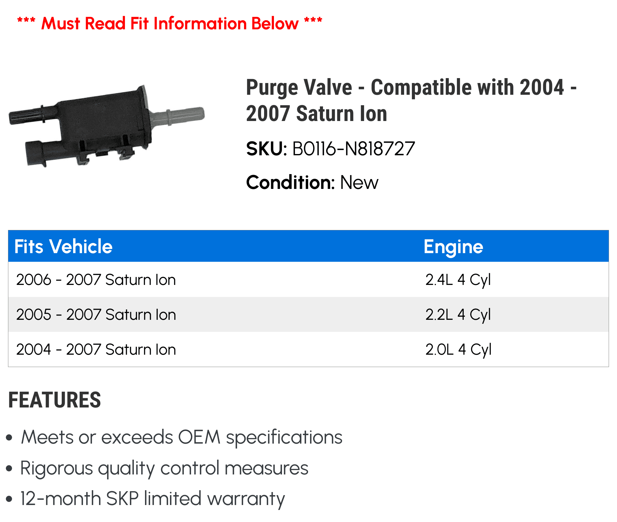 Purge Valve - Compatible with 2004 - 2007 Saturn Ion 2005 2006