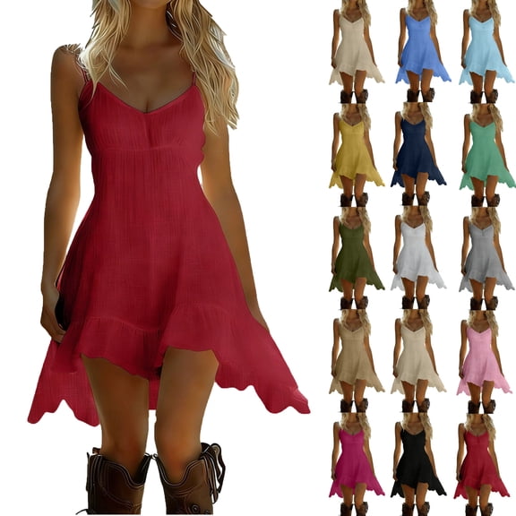 Summer Dresses for Women Sleeveless V-Neck Sundress Solid Color Linen Dress Night Out Beach Vacation Ruffled Suspender Skirt