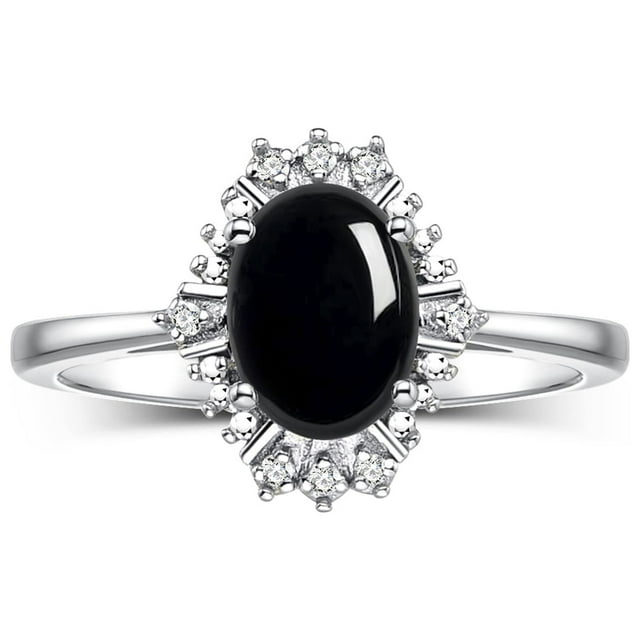 RYLOS Bagues pour Femmes Bague en Or Blanc 14K avec Pierre Précieuse Ovale 7X5MM et Diamants Étincelants Cabochon Onyx Bijoux Taille 6