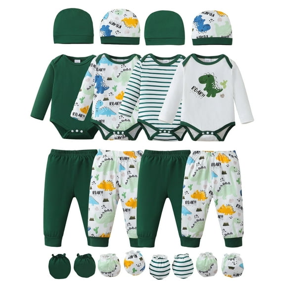KIMI BEAR Newborn Baby Boys Layette Set 0-3 Months Winter Outfits Long Sleeves Dinosaur Print Romper Top Pants Gloves Hats 4 Packs Shower Gifts 16 Piece Set Green