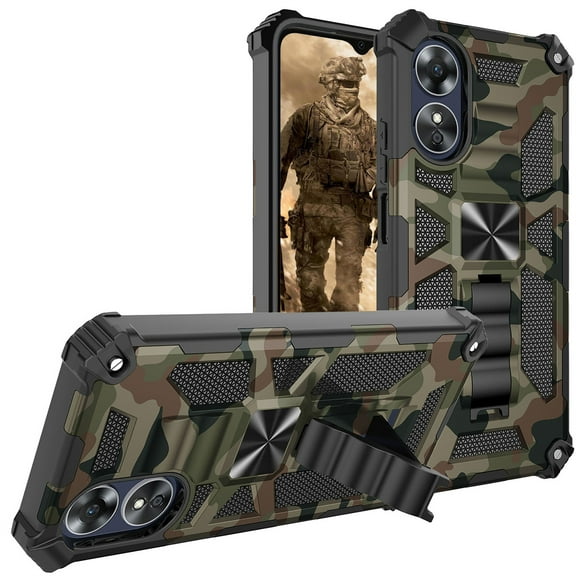 CCSmaller Camouflage Case for Oppo A17 with Metal Kickstand, Camo Phone Cover Built-in 360° Rotate Ring Stand Case for Oppo A17 MC Army Green