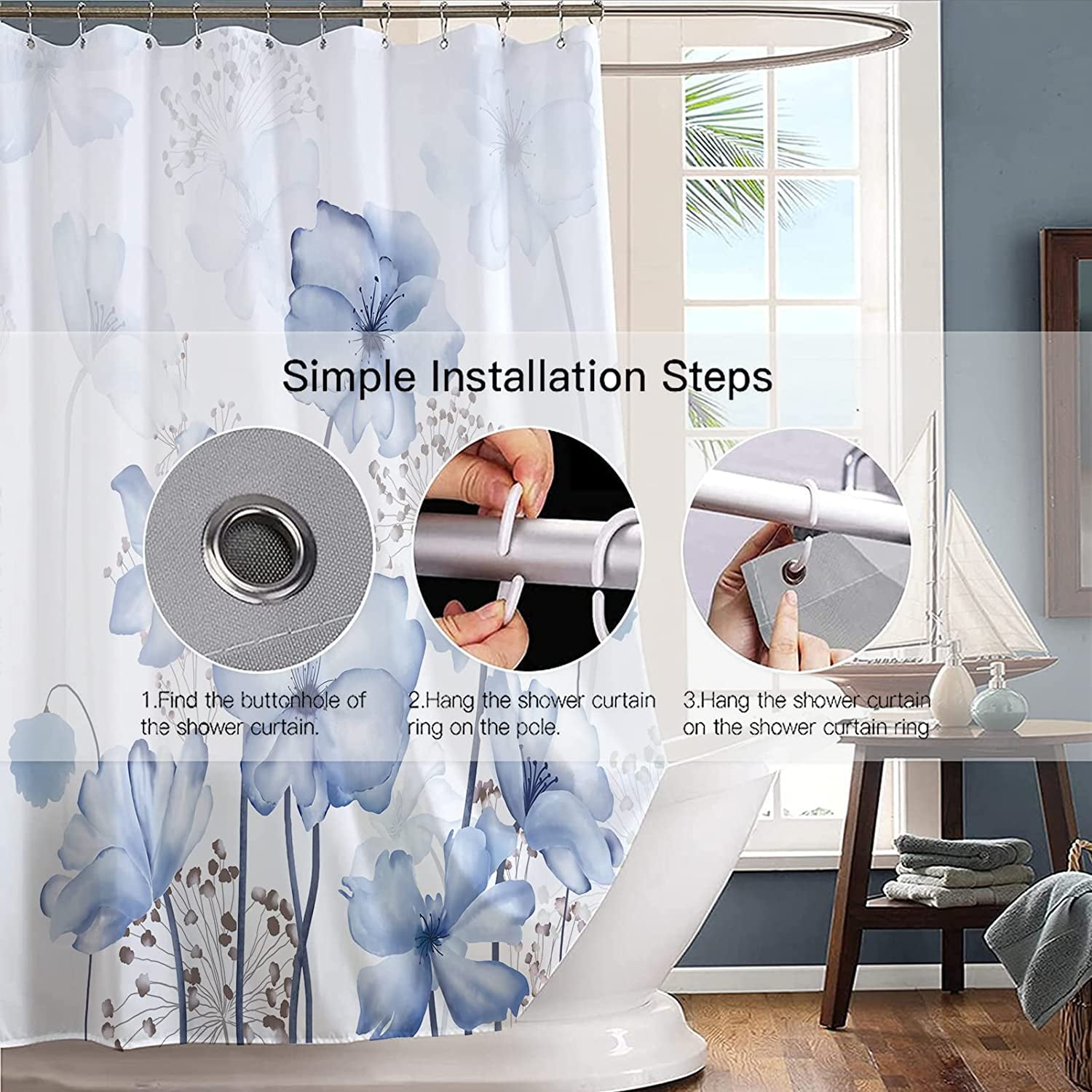 Extra Long Shower Curtain72x84 inch Length Watercolor Blue Floral Shower Curtain Sets,Navy and White Flowers Bathroom Curtains,Modern Art Bath Curtain,Waterproof Fabric with Hooks