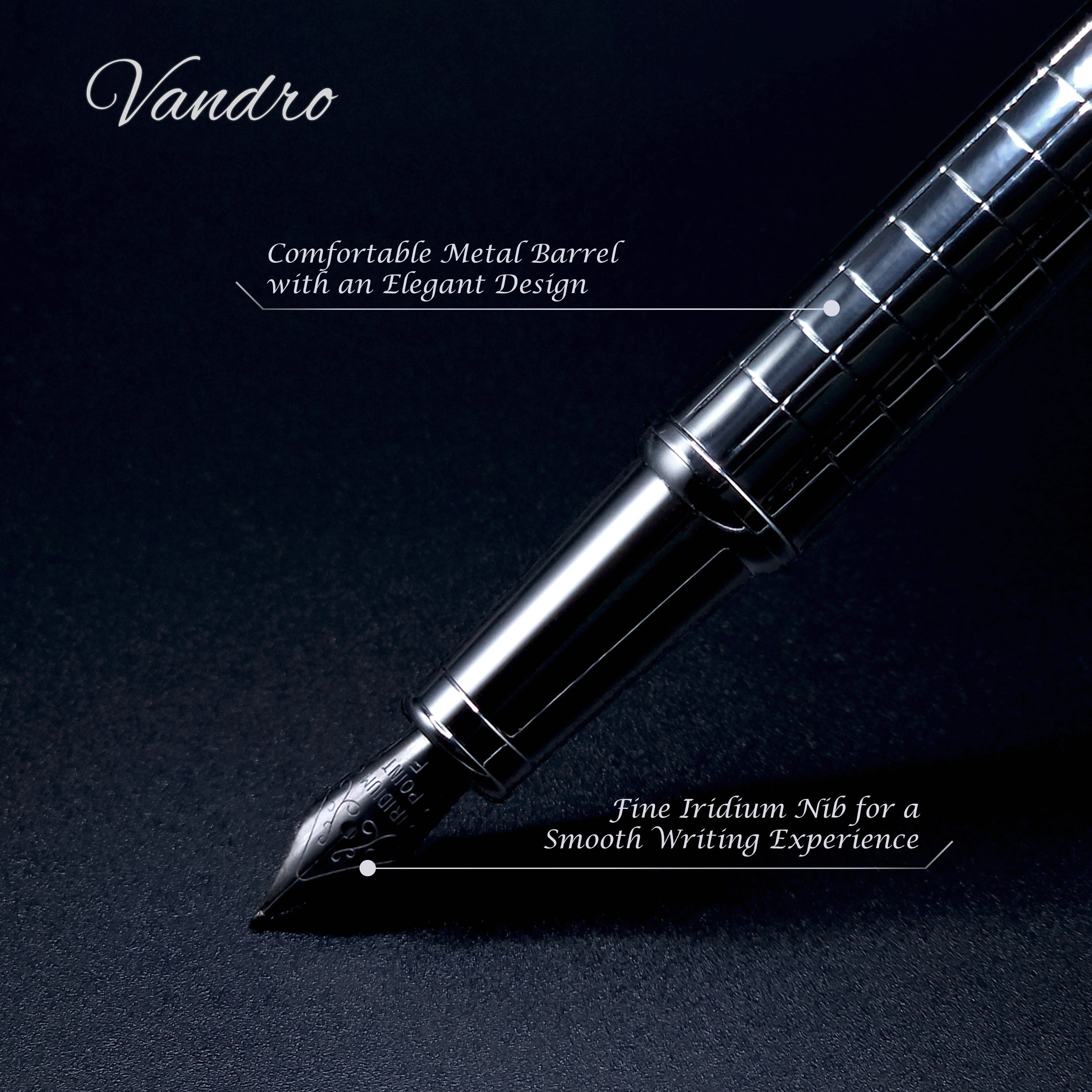 Vandro Complete Luxury Fountain Pen Set - Comfortable Grip with Smooth Fine Nib - Includes 10 Pack Ink Cartridges, Black Ink Bottle, Ink Refill Converter & Gift Box - Midnight Black