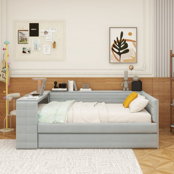 Full Size Upholstered Platform Bed with Storage Shelves, Desk, Charging Station and Trundle, Gray
