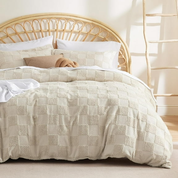 Boho Kids Duvet Cover Queen Size（Duvet Insert/Comforter not Included - Checkered Duvet Cover Queenfor All Seasons,Soft Shabby Chic Boho Bedding (Beige, 90" x 90")
