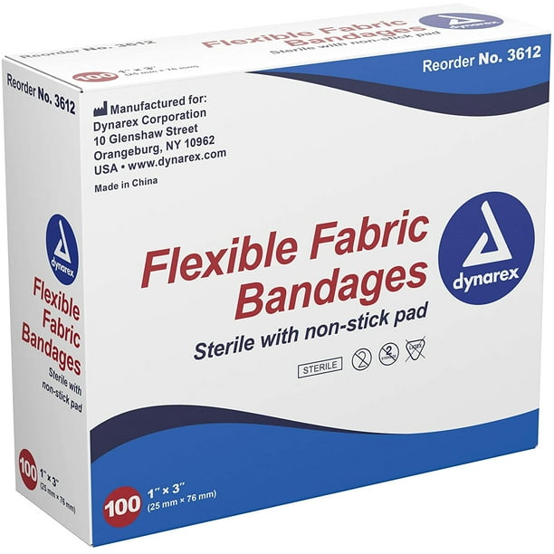 Dynarex Sterile Fabric Bandages 1"X3" latex free 3612 100 band aids