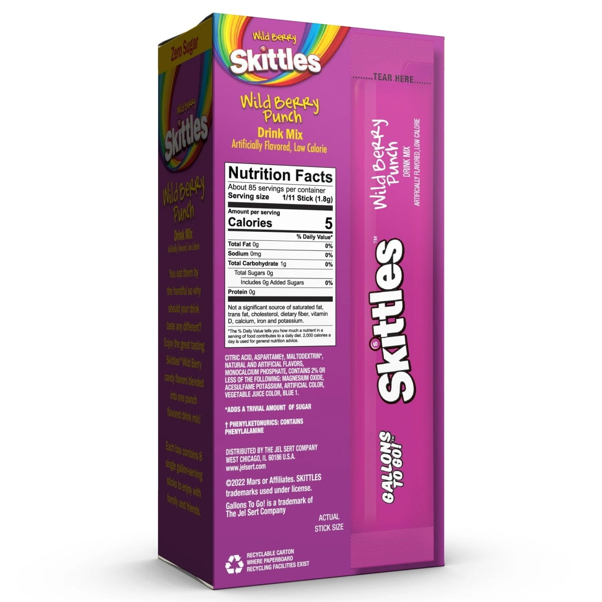 Skittles Zero Sugar Gallons-to-Go Powdered Drink Mix, Wild Berry Punch, 8 Count Gallon Pitcher Packets