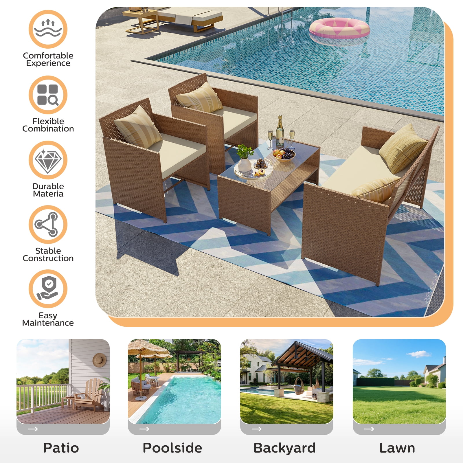 ELPOSUN 4-Piece Patio Rattan Furniture Set with Cushions & Tempered Glass Tabletop, Beige