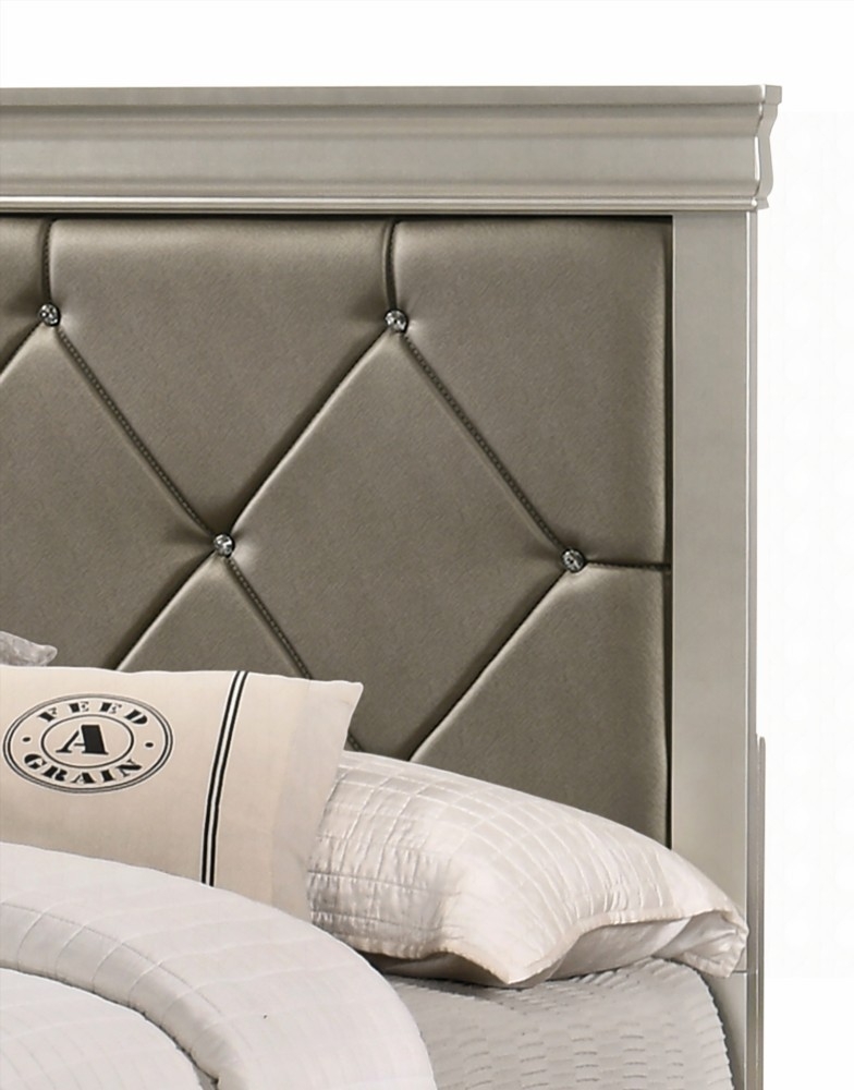 King Size wooden platform bed frame with beige champagne finish and crocodile texture upholstered headboard, silent and stable for master bedroom.