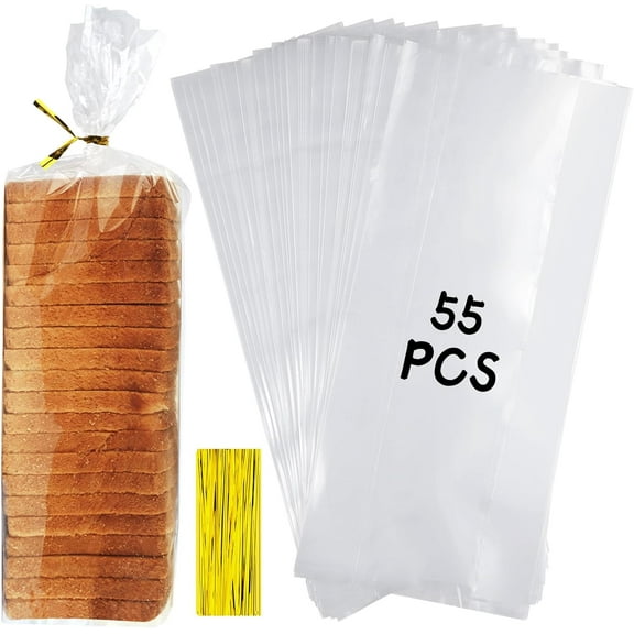 Bread Bags For Homemade Bread, 55 Pack Clear Bread Bags And 100 Ties, Reusable Bread Loaf Bags, Plastic Bread Bags For Home Bakers And Bakery Owners