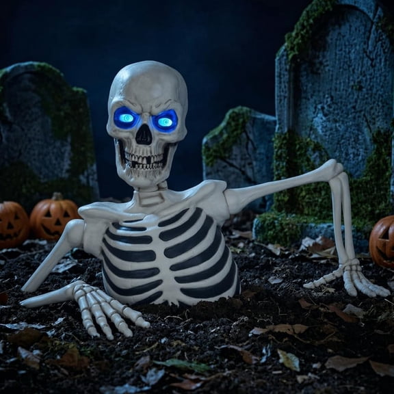 Halloween Giant Ground Breaking Skeleton with LED Light Up Moving Eyes, Light-Up Ground Breaking Skeleton, Scary Skull Stakes for Garden, Lawn, Halloween Decor