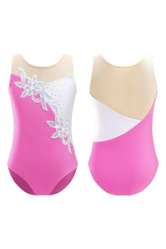 Kids Girls Diamonds Adorned Ballet Dance Athletic Unitard Skating Leotard Mesh Patchwork Sequins Bodysuit