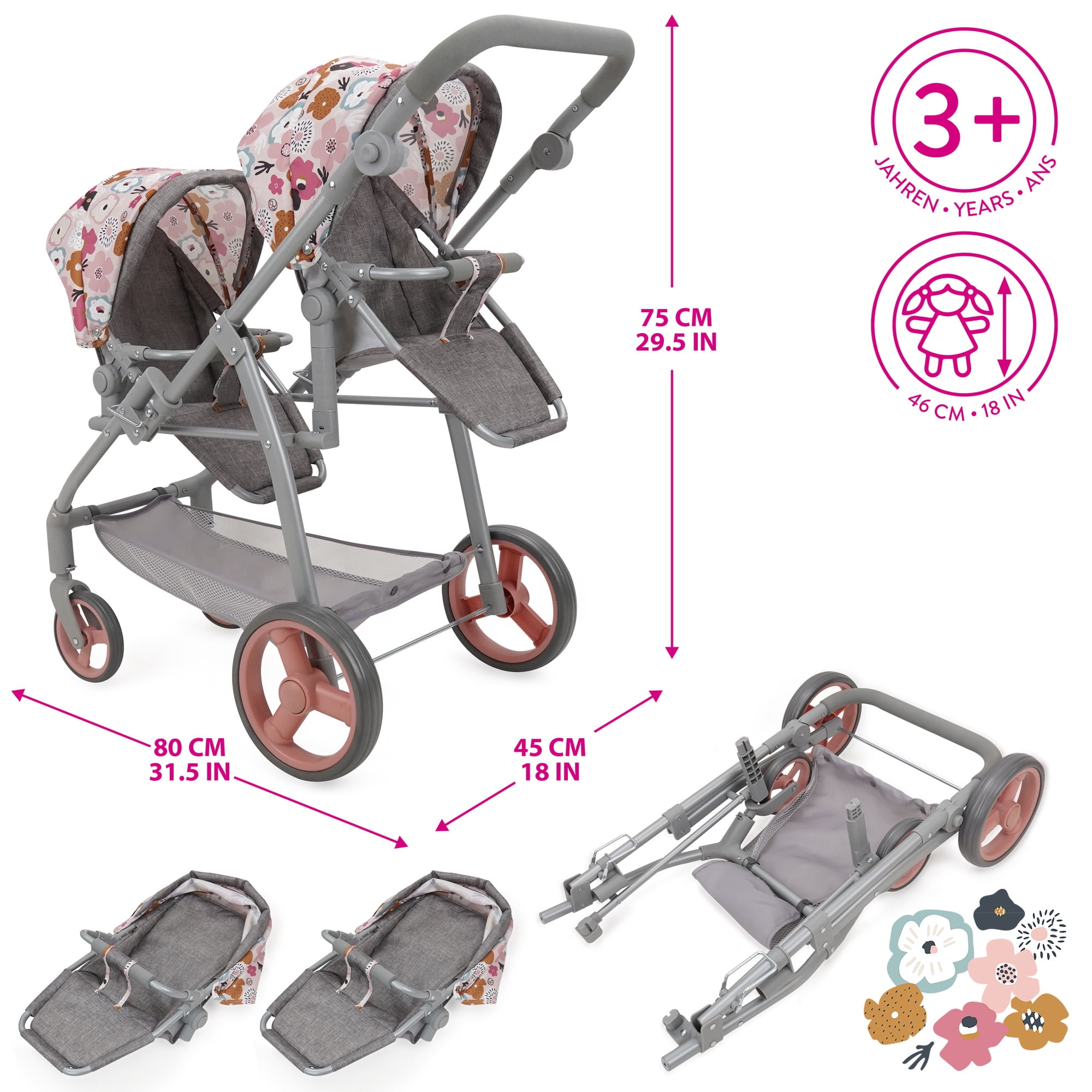 509 Crew: Melange Flora - Twin Doll Shopper Pram - Gray-Pink-Flower, Adjustable Stroller Seating Positions, Canopy-Basket, Doll Accessory Toy, Kids 3+