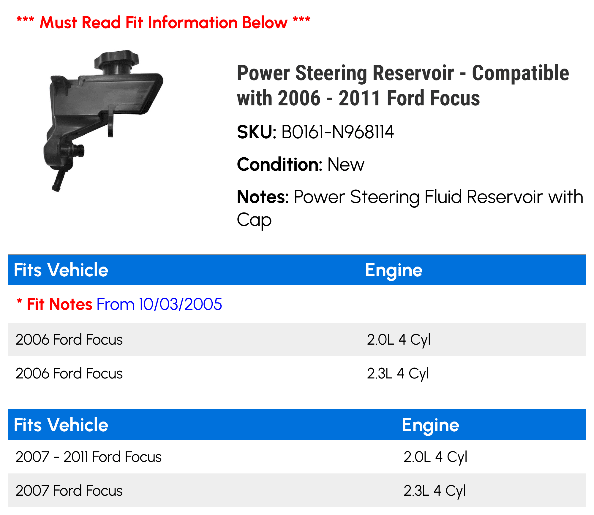 Power Steering Reservoir - Compatible with 2006 - 2011 Ford Focus - Replacement