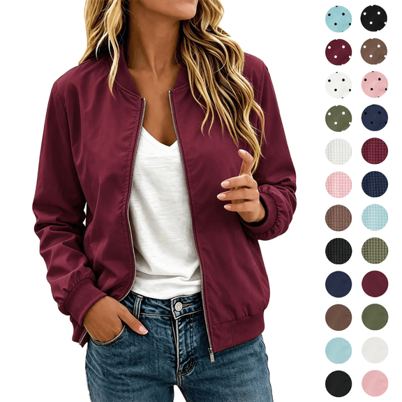 Womens Bomber Jackets Casual Lightweight Solid Color Spring Fall Daily Wear Travel Zip Up Cardigan Jacket