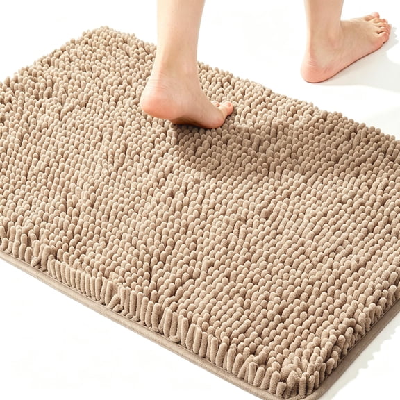 MudFree Bathroom Rugs 24x16 inch, Super Absorbent Chenille Bath Mat for Tub Non Slip, Quick Dry Washable Door Mat for Floor, Tub and Shower, Camel