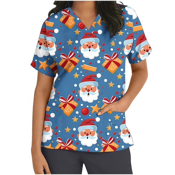 Xfvqtps Christmas Scrub Tops for Women Soft V-Neck Scrubs Comfortable Nursing Uniforms Christmas Printed Short Sleeve Top Protective Clothing Working Uniforms with Pockets Yellow