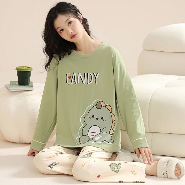 Pantalones de manga larga de algodón puro con cuello redondo de otoño e invierno para mujer, ropa de abrigo cómoda y suave, conjunto de traje para el hogar