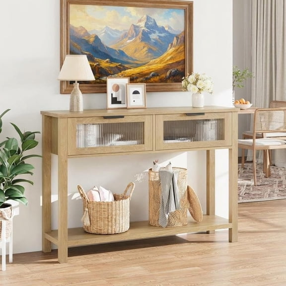 TROPOW Narrow Console Table for Entryway with 2 Glass Drawers, Modern Entryway Table, 2-Tier Sofa Table with Storage for Living Room, Hallway, Foyer Table, Burlywood