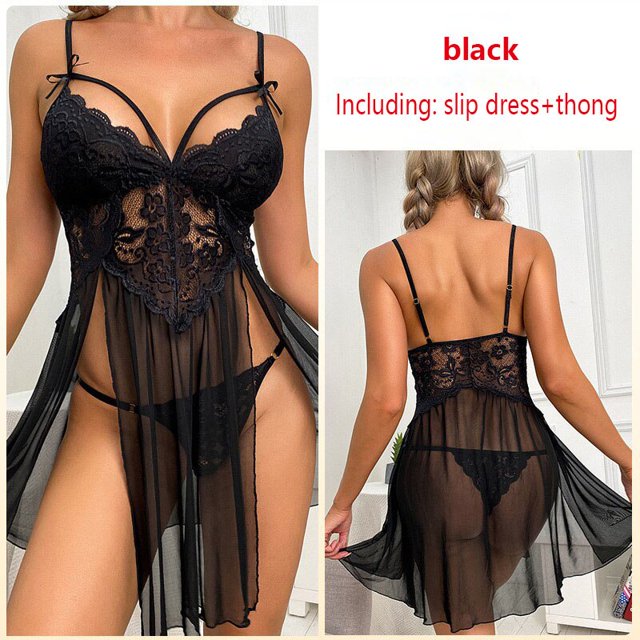 Pijama transparente de gasa Sexy, camisón con tirantes bordados de encaje, ropa de casa para mujer, pijama erótico con abertura hueca, traje de Tanga xuanjing unisex