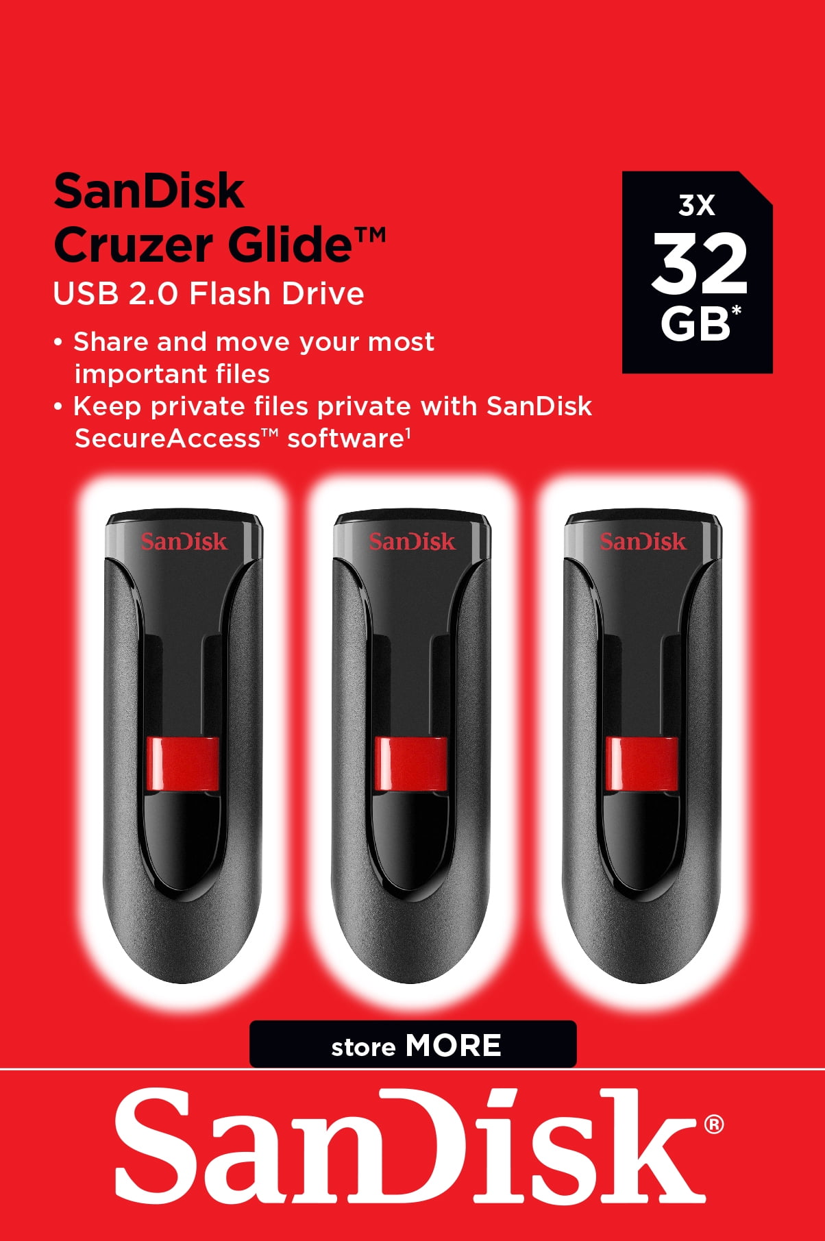 SanDisk 32GB Cruzer Glide USB 2.0 Flash Drive 3 Pack - SDCZ60-032G