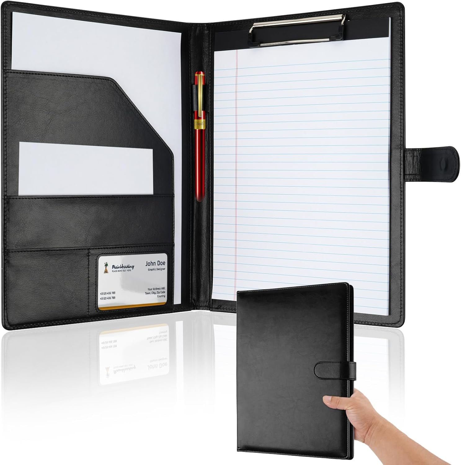 Classeur Portefeuille En Cuir PU – Format Lettre – Avec Bloc-notes, Porte-cartes, Porte-stylo – Idéal Entretiens, Réunions - 11