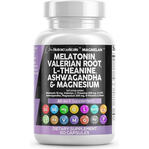 Clean Nutraceuticals Melatonin Valerian Root L Theanine Ashwagandha - Sleep Support for Women & Men with Magnesium Complex, Lemon Balm, Chamomile, & Passionflower - 60 Caps