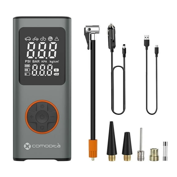 COMODITA RAVENNA MULTI PURPOSE AIR PUMP  FOR CARS, MOTORCYCLES, BICYCLES, ROLLATORS WITH PNEUMATIC TIRES, WITH DOUBLE DIGIT DISPLAY,  AUTO STOP, AUTO SHUT OFF, AND VERY EASY TO CONNECT AIR HOSE