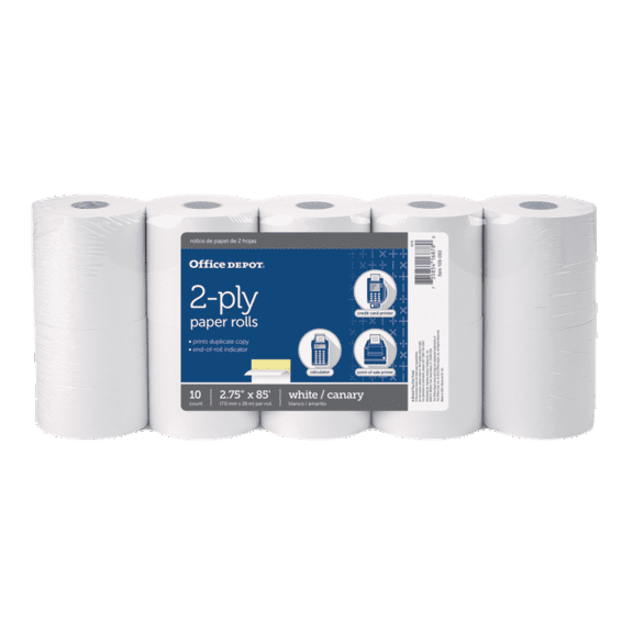 Office Depot 2-Ply Paper Rolls, 2 3/4in. x 85ft., Canary/White, Pack Of 10, 109093