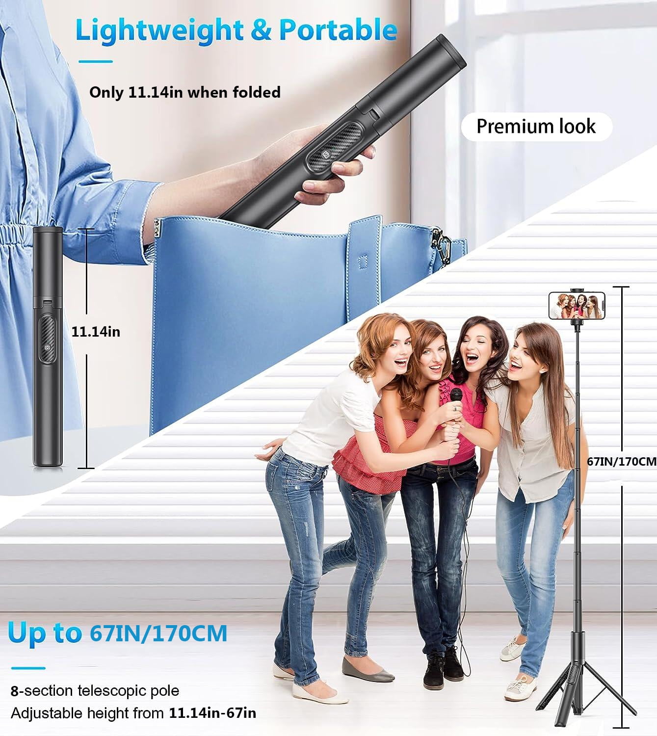 TONEOF 67" Selfie Stick Tripod for Phone 4"-7", Cellphone Travel Tripod Stand for Video Recording