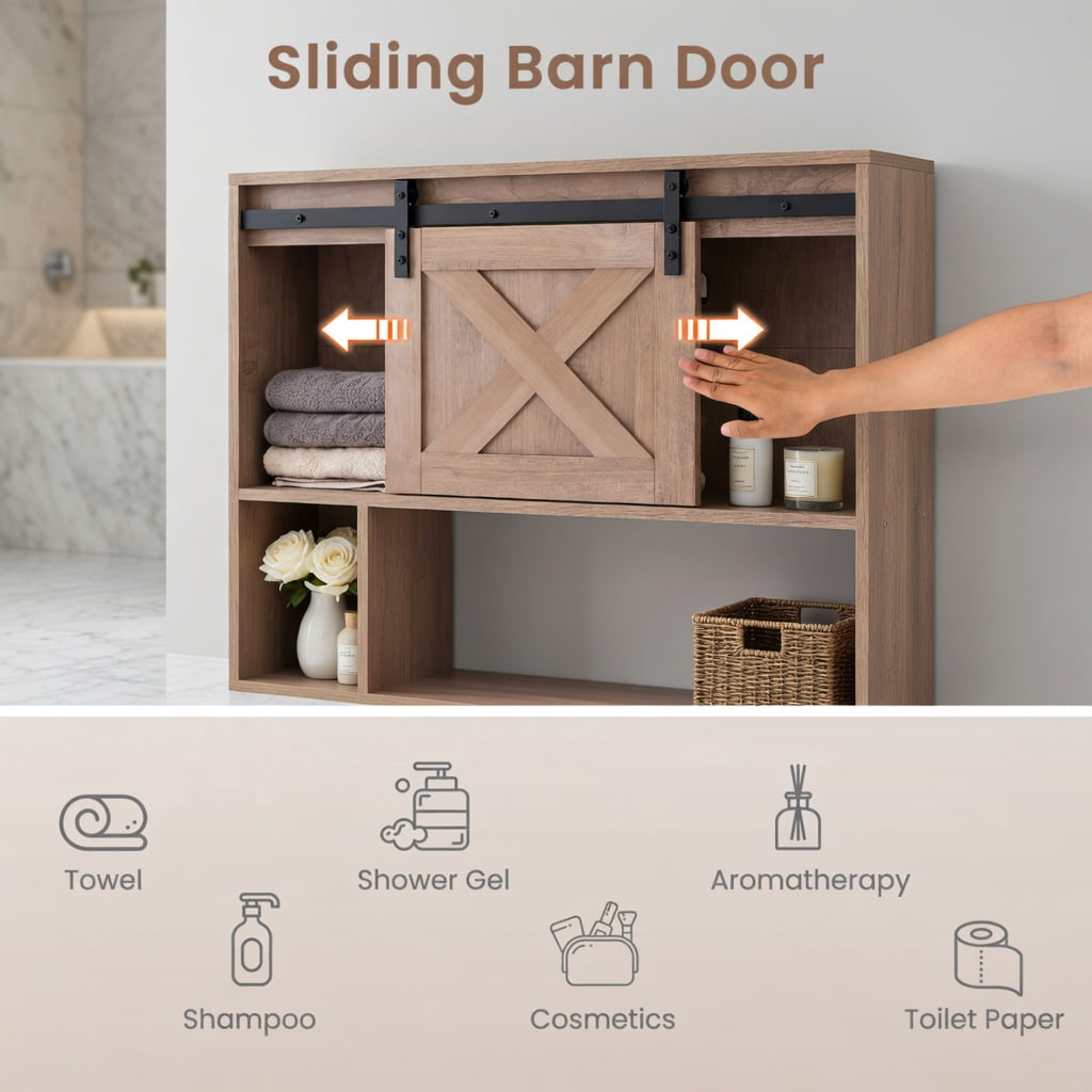 Hommoo 4-Tier Over-the-Toilet Storage Cabinet with Sliding Barn Door, Engineered Wood Bathroom Organizer for Toilets, Laundry Rooms, Rustic Brown