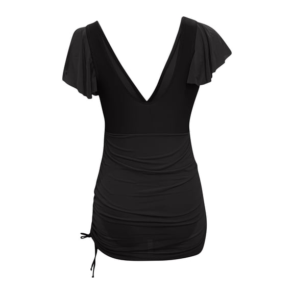Womens Swim Dress Ruffle Short Sleeve Mesh One Piece Bathing Suit Skirted Swimsuits Ruched Retro Swimwear