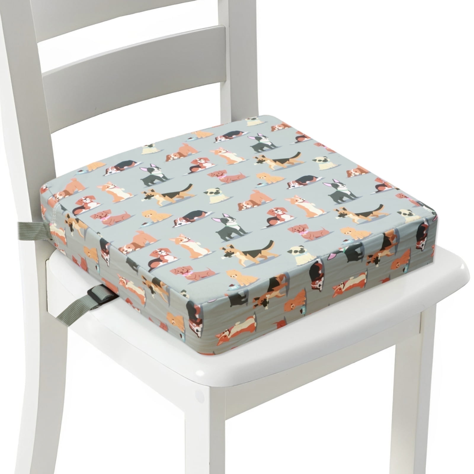 Dznils Toddler Booster Seat for Dining Table, with Safety Buckles, Non-Slip Bottom, Gray Dog