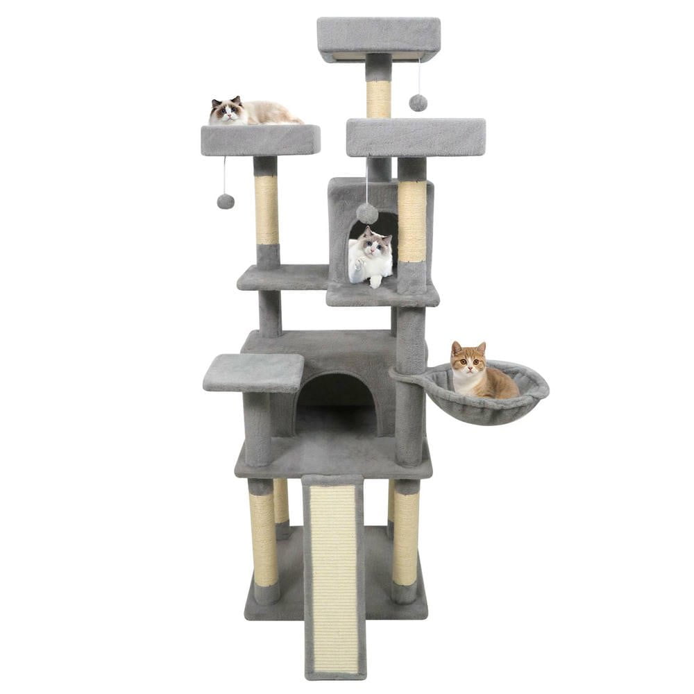 Resenkose 65-Inch Tall Multi-Level Cat Tree with 3 Soft Upholstered Perches and 2 Cozy Cat Condos, Light Gray