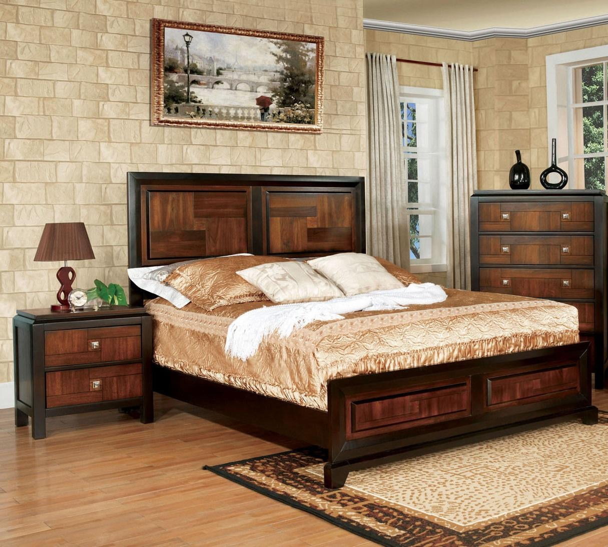Acacia & Walnut Solid Wood King Bedroom Set 3pcs FOA CM7152-EK Patra ...
