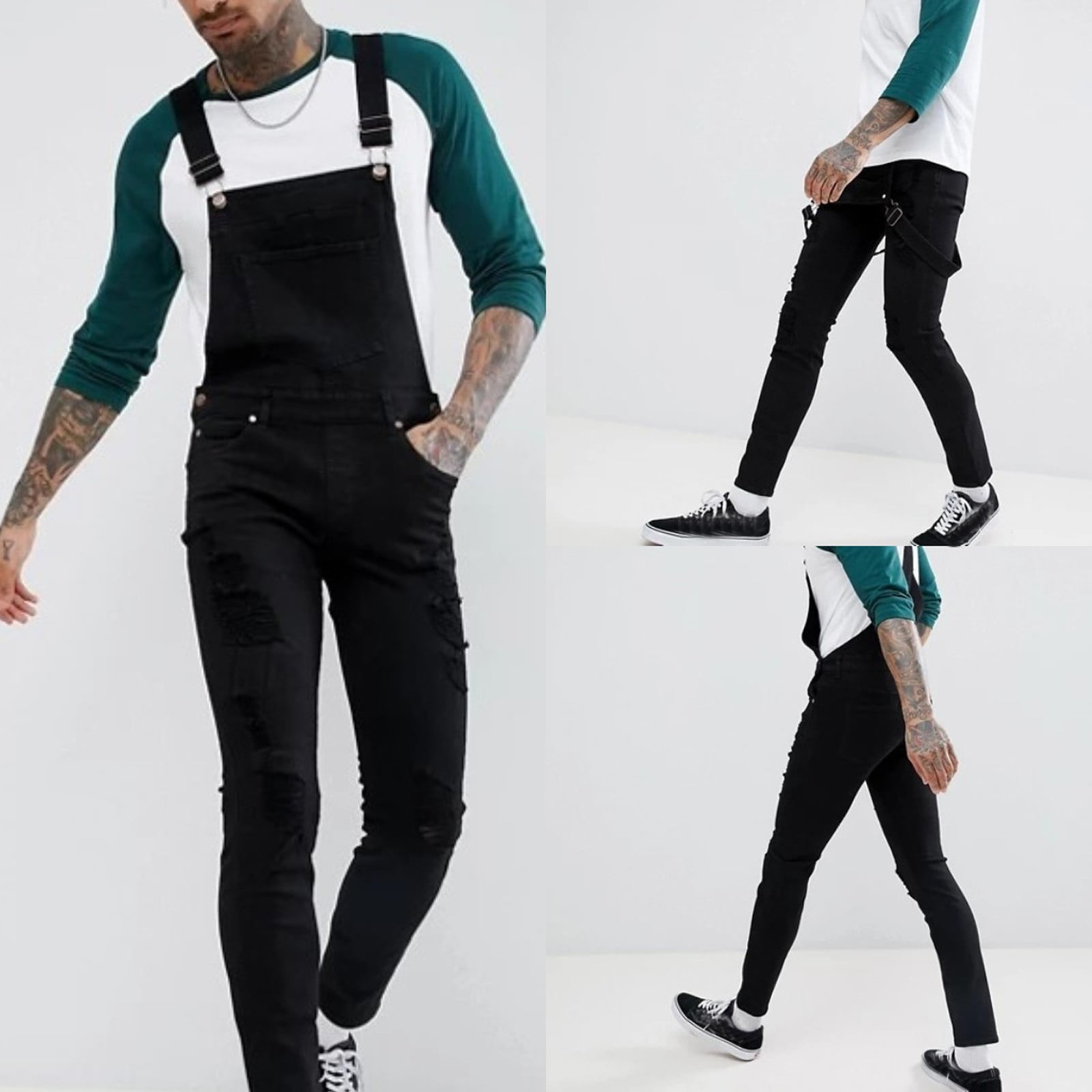 Men's Denim Bib Overalls Ripped Slim Fit Washed Jumpsuit with Pockets -