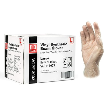 Basic Medical Clear Vinyl Exam Gloves - Latex-Free & Powder-Free - VGPF-3003 (Case of 1,000), Large