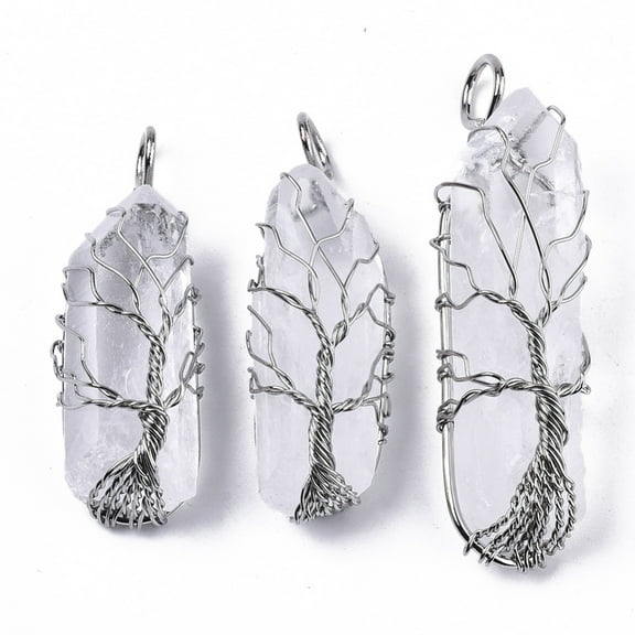 Natural Quartz Crystal Wire Wrapped Pointed Pendants Rock Crystal with Brass Wires prismatic with Tree of Life Platinum 48~62x14~17x13~18mm Hole: 4x5~6mm