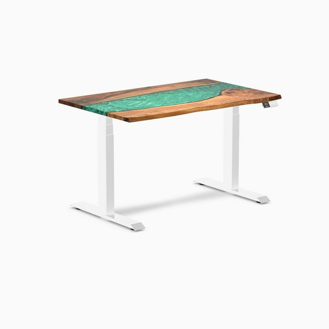 Desky Bureau Assis-Debout en Bois Dur à Double Résine - Noyer Naturel Rivière Émeraude / 48 x 30 Pouces / Blanc