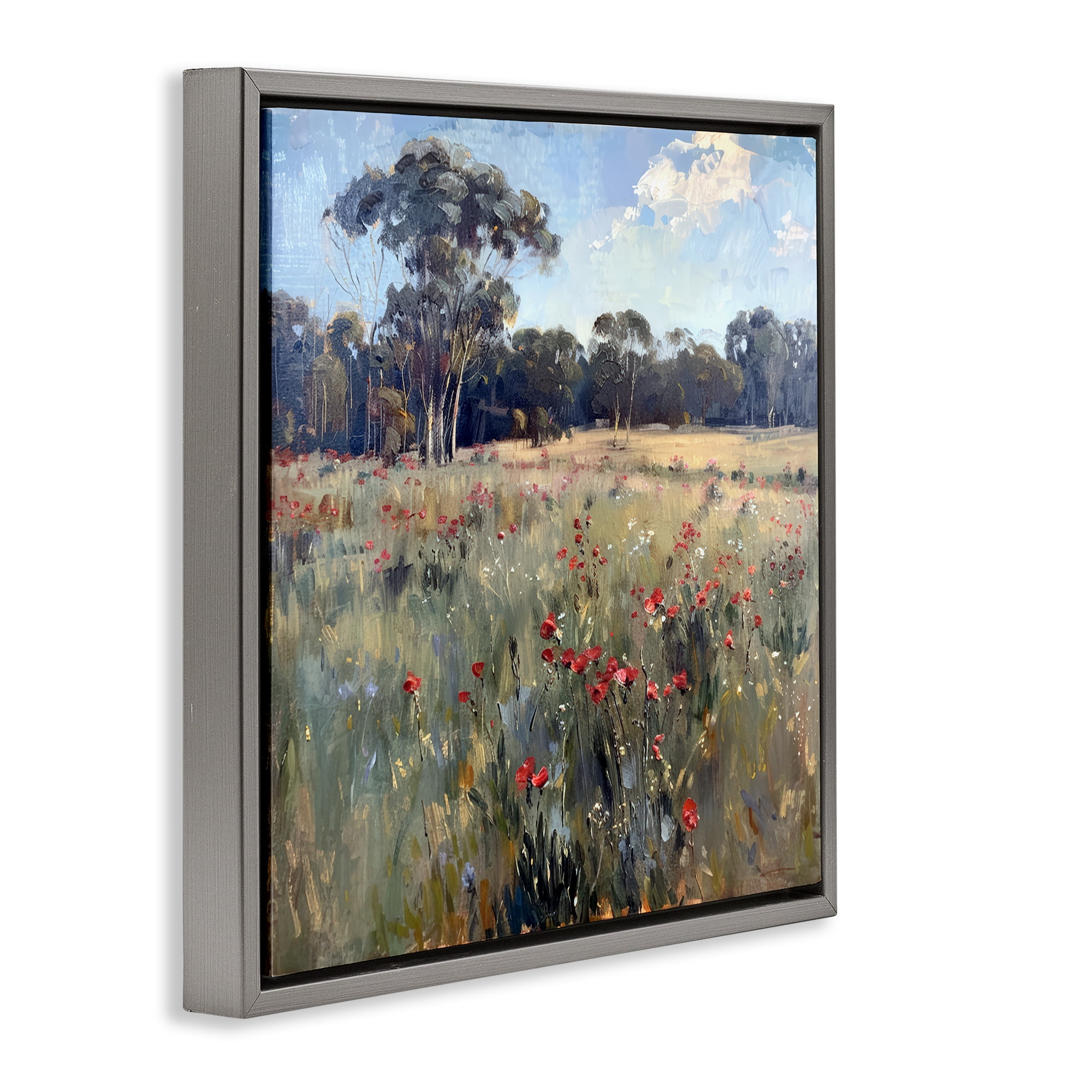 Stupell Industries Poppies in Vast Field Landscape & Nature Painting Gray Floater Framed Canvas Art Print Wall Art, 18 x 18